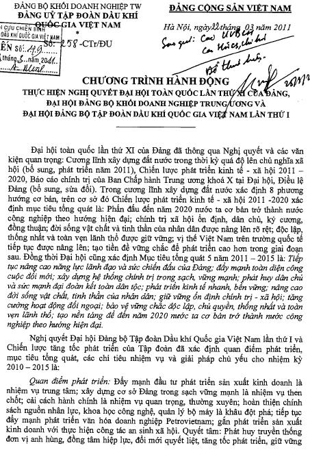 Chương trình hành động số 258-CTr/ĐU ngày 22/3/2011 của Đảng ủy Tập đoàn Dầu khí Quốc gia Việt Nam