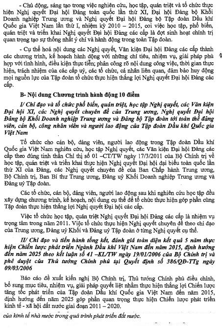 Chương trình hành động số 258-CTr/ĐU ngày 22/3/2011 của Đảng ủy Tập đoàn Dầu khí Quốc gia Việt Nam