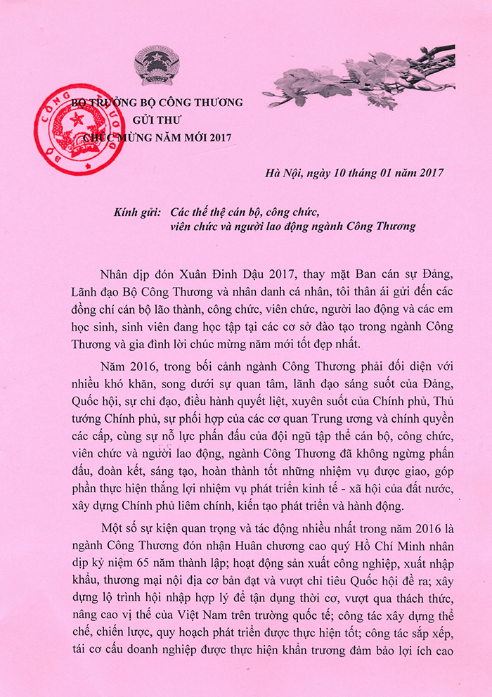 Thư chúc mừng năm mới của Bộ trưởng Bộ Công thương Trần Tuấn Anh Thư chúc mừng năm mới của Bộ trưởng Bộ Công thương Trần Tuấn Anh