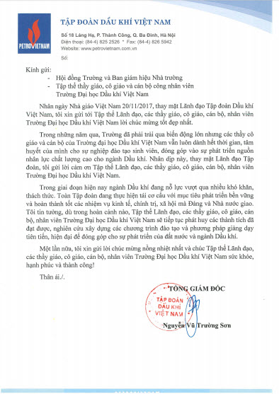Lãnh đạo Tập đoàn Dầu khí Việt Nam gửi thư chúc mừng nhân ngày Nhà giáo Việt Nam