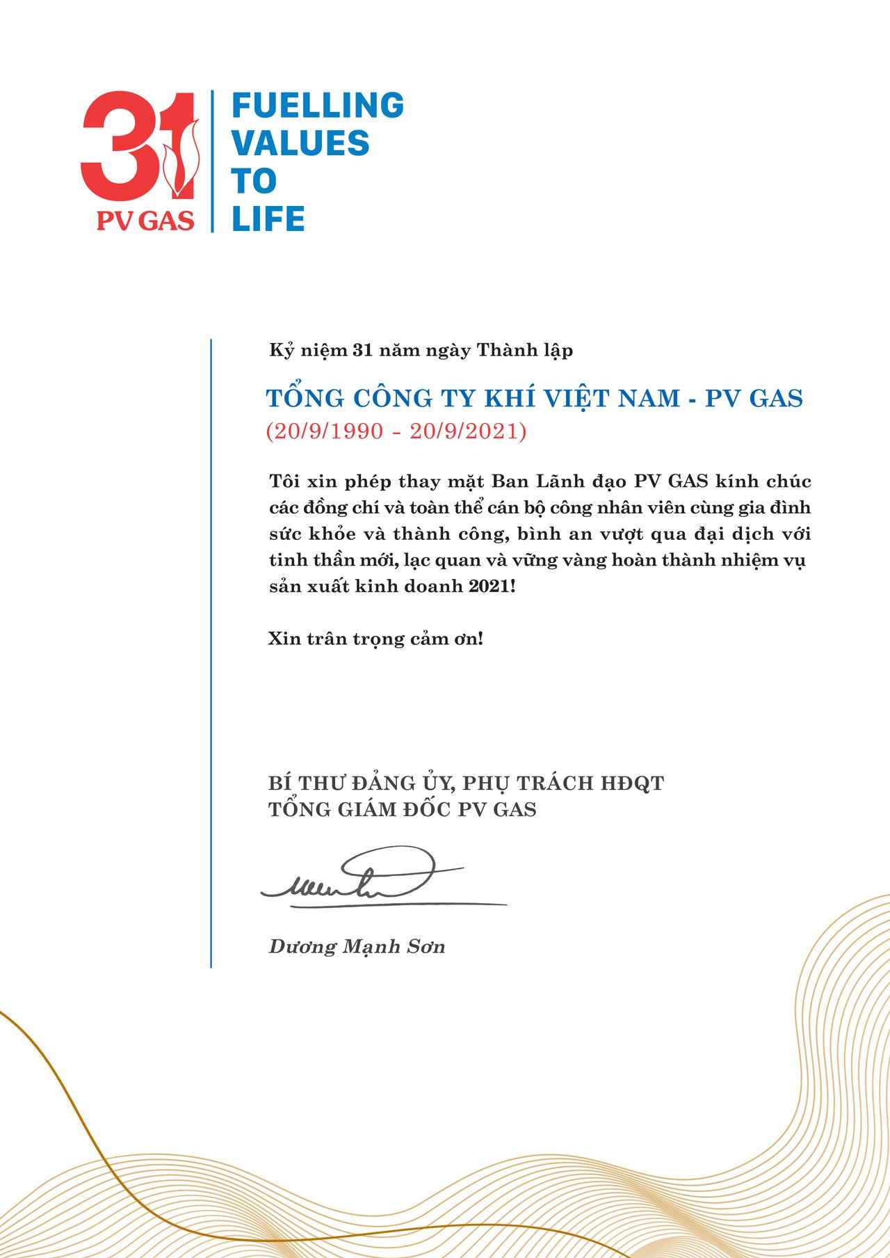THƯ CHÚC MỪNG KỶ NIỆM 31 NĂM THÀNH LẬP TỔNG CÔNG TY KHÍ VIỆT NAM - PV GAS (20/9/1990 - 20/9/2021)