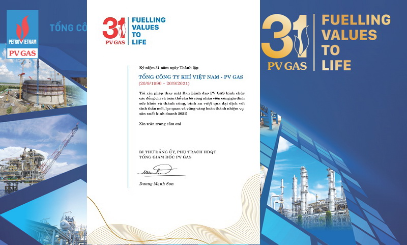 THƯ CHÚC MỪNG KỶ NIỆM 31 NĂM THÀNH LẬP TỔNG CÔNG TY KHÍ VIỆT NAM - PV GAS (20/9/1990 - 20/9/2021)