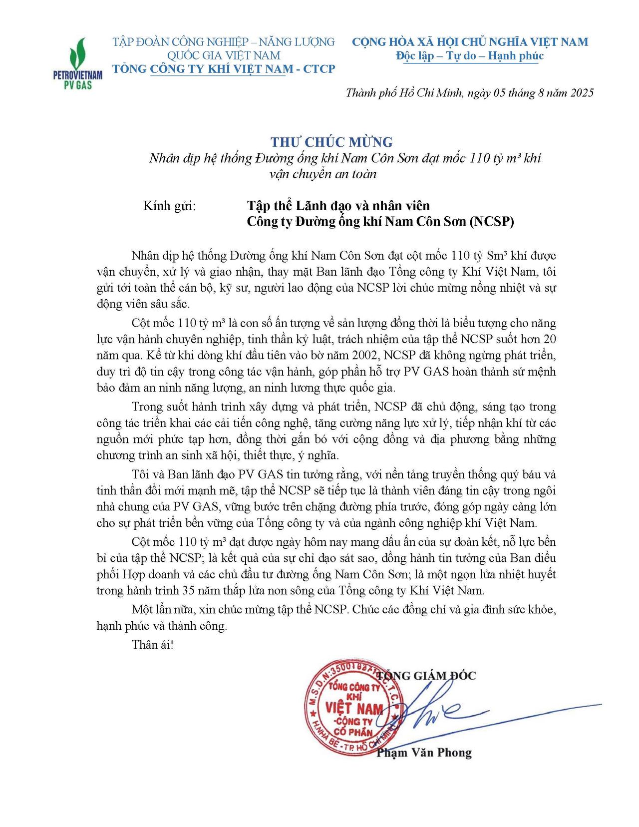 Thư chúc mừng NCSP
