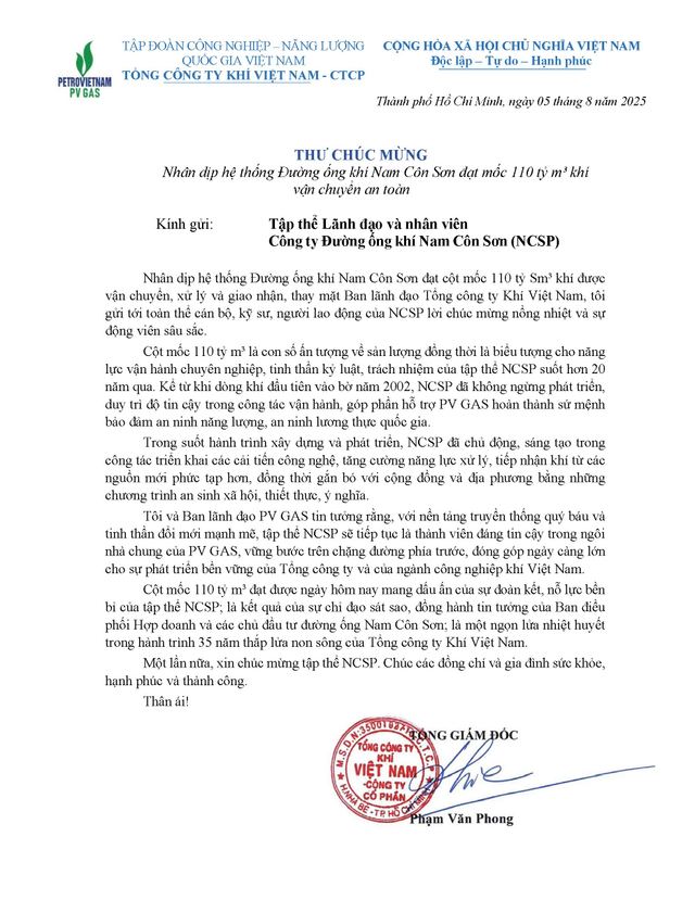 Thư chúc mừng NCSP