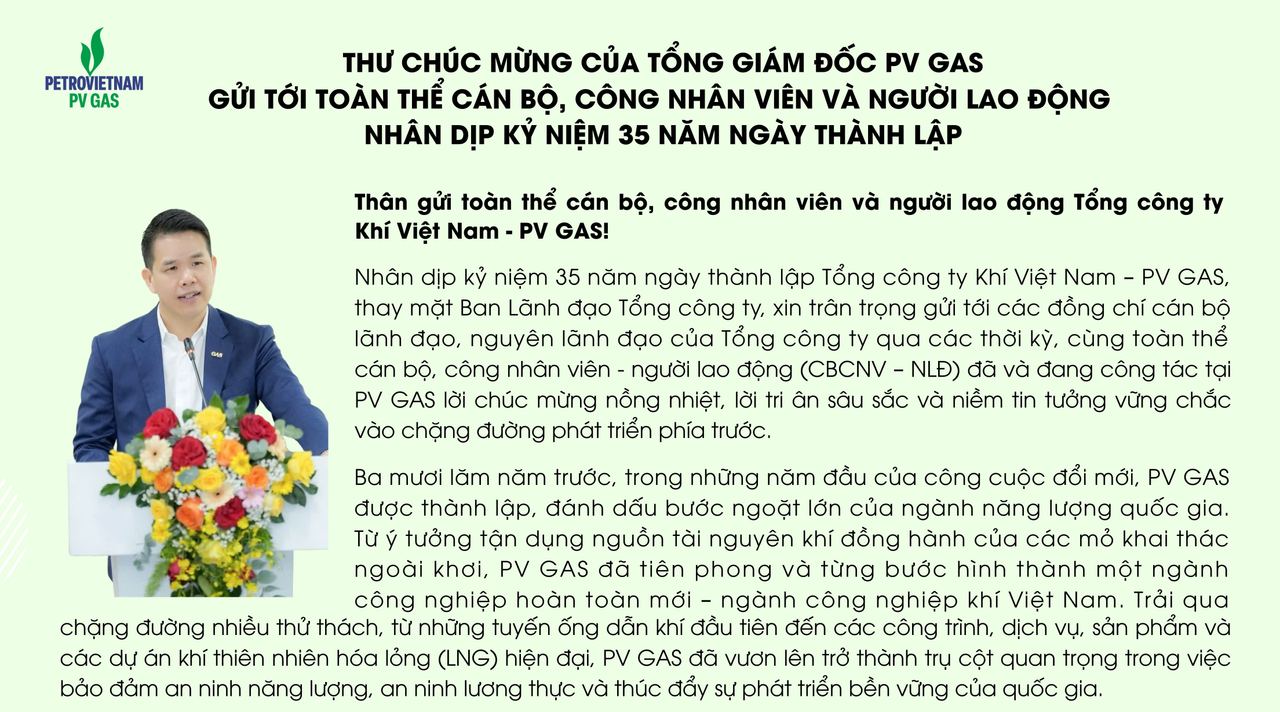 Thư chúc mừng của Tổng Giám đốc PV GAS gửi tới toàn thể cán bộ, công nhân viên và người lao động nhân dịp kỷ niệm 35 năm ngày thành lập