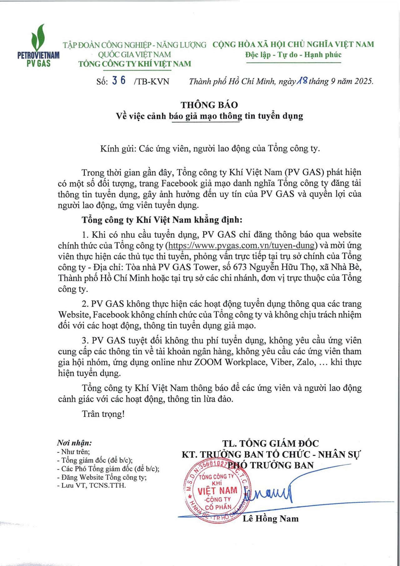 Thông báo về việc cảnh báo giả mạo thông tin tuyển dụng